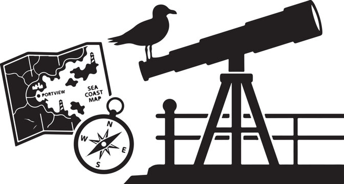 Black and white of a seagull perched on a telescope, featuring a coastal map labeled portview and a magnetic compass, set against a railing on a seaside observation deck