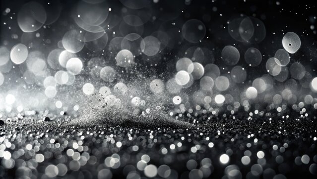 A photo of high contrast misty spray droplets on a black and white background The droplets glisten under the light, creating a delicate, almost ether