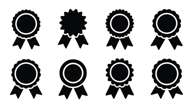 Bundle of 10 black ribbon and badge silhouettes on white background for awards and recognition