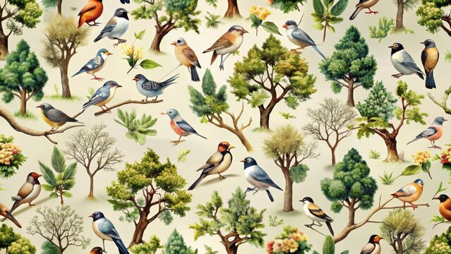 A seamless natural pattern of birds and trees