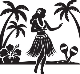 Black and white silhouette of a hula dancer wearing a grass skirt and flower lei, standing on a tropical beach with palm trees, a large hibiscus blossom, and two maracas in a flat style