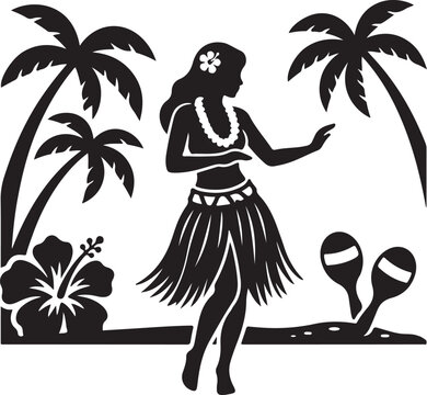 Black and white silhouette of a hula dancer wearing a grass skirt and flower lei, standing on a tropical beach with palm trees, a large hibiscus blossom, and two maracas in a flat style