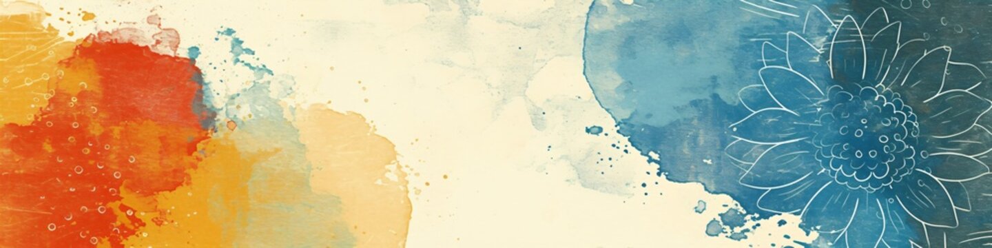 Watercolor artistic background with hand drawn flower sketch. Abstract grunge texture with ink wash and brush splash. Banner with copy space