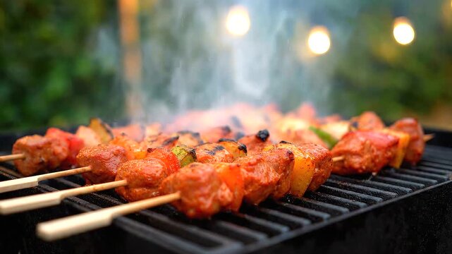 Grilled meat skewers on barbecue grill.