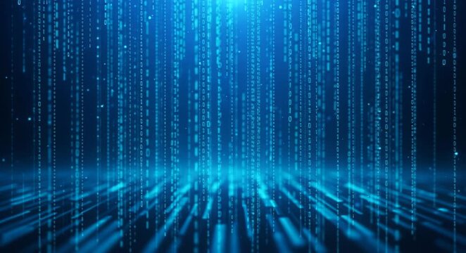 Digital data stream with glowing binary code and lines