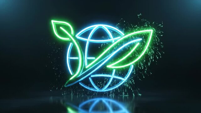 Neon glowing eco friendly global technology symbol with leaves and planet Earth, clean energy concept