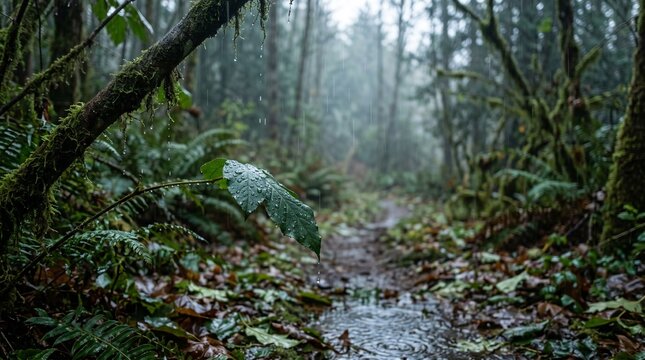 Lush Temperate Rainforest Trail During Gentle Rain Morning