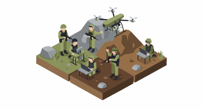 Isometric Military Base with Soldiers and Drone Surveillance.