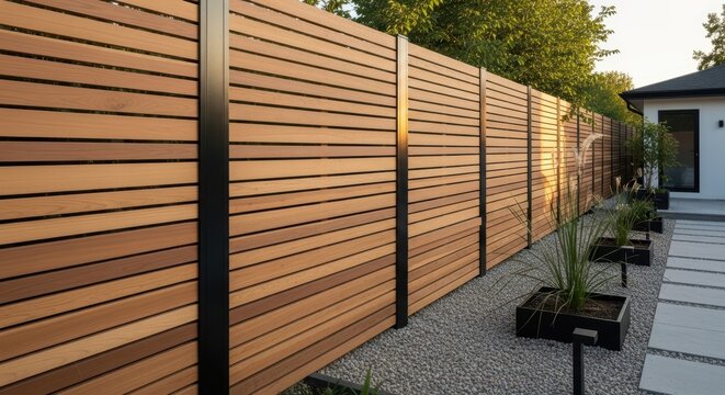 Long horizontal cedar wood fence in contemporary backyard with varying slat widths and minimalist landscaping in morning light