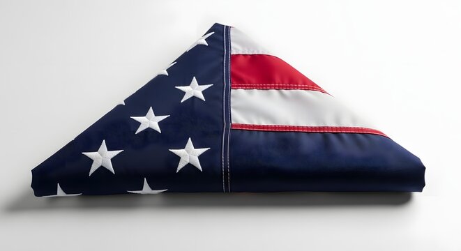 Neatly folded American flag in a traditional triangle shape isolated on a clean white background, honoring military veterans, Memorial Day, and the upcoming two hundred fiftieth US independence annive