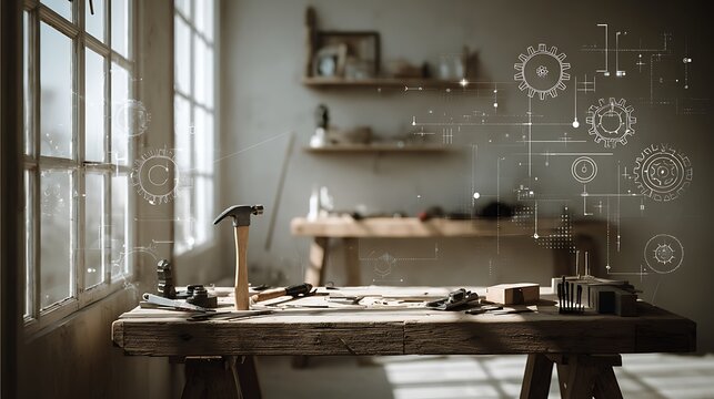 Vintage Workbench with Hammer and Blueprint Schematics Overlay.