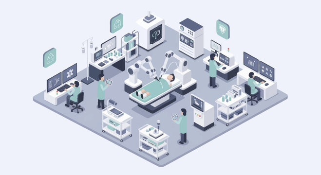 Isometric view of a futuristic operating room with robotic surgery.