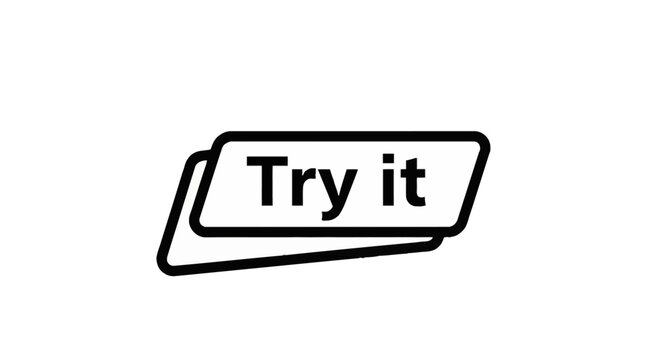 Black and white vector web button featuring the text Try it in bold sans-serif font, layered geometric parallelogram shape with rounded corners on a white background.