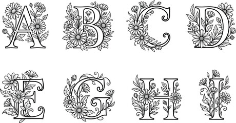 Obraz premium Vintage Floral Alphabet Letters A to H with Intricate Botanical Flowers Elegant Decorative Typography Monogram Vector Set for Wedding Branding Invitations