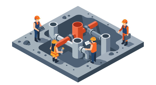 Isometric illustration of construction workers installing pipes in a concrete foundation, depicting teamwork and infrastructure development project collaboration
