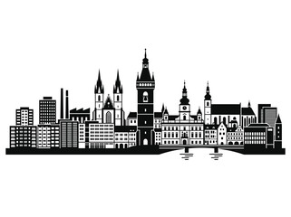Obraz premium Prague City Skyline Silhouette Vector Illustration - Central Europe Landmark Cityscape Icon