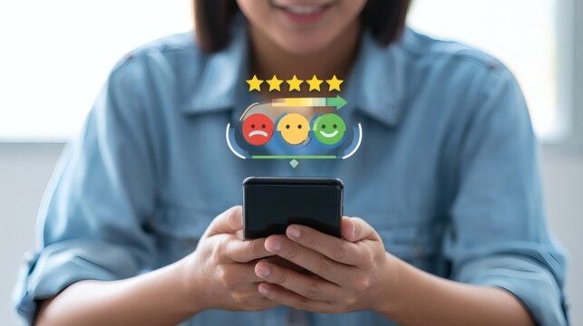 User Giving Feedback on Smartphone with Emojis and Star Ratings