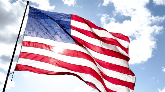 US American Flag Flying Against Dramatic Clouds and Bright Daylight
