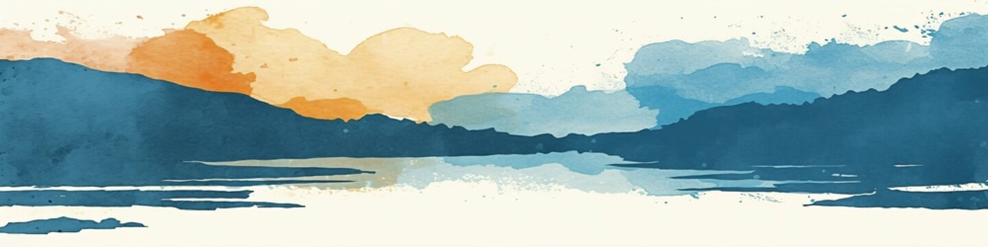 Abstract landscape with mountain and water reflection. Watercolor painting of natural scenery in Asian style. Banner with copy space