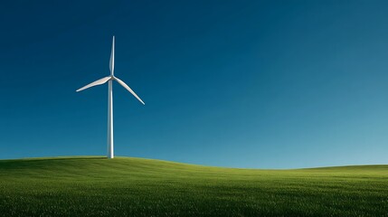 Fototapeta premium Wind Turbine on Green Hill Under Blue Sky Generating Clean Energy.