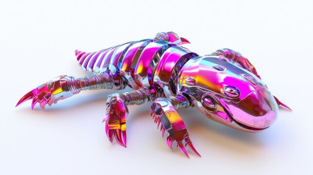 Colorful robotic amphibian with reflective surfaces showcasing intricate design and futuristic aesthetics