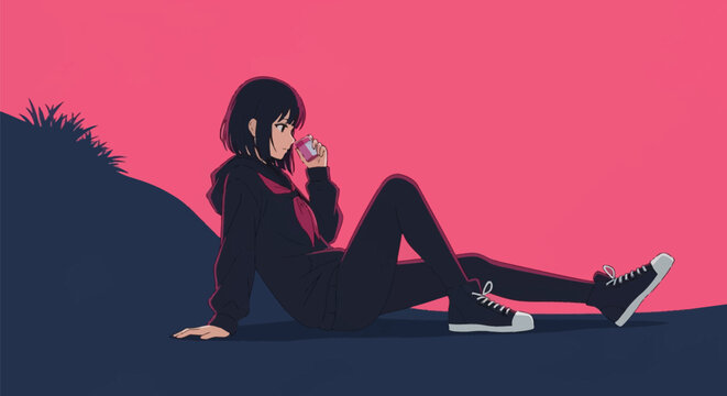 Anime style vector illustration of a young girl with short black hair wearing a dark hoodie and sneakers, sitting on a dark hill while drinking against a solid vibrant pink background.