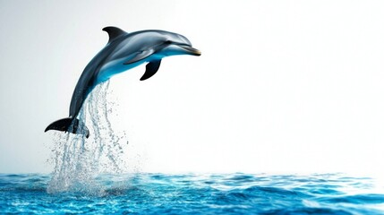 Fototapeta premium Graceful Dolphin Leaping Above Crystal Clear Ocean Waves in Bright Sky, Capturing Joyful Moments of Marine Life