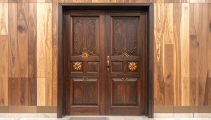 Obraz premium Elegant Double Wooden Door with Intricate Carvings and Warm Wood Paneling.