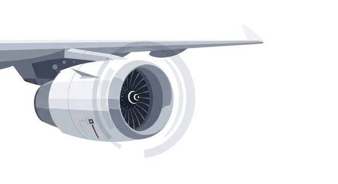 Detailed Illustration of Aircraft Engine and Wing Isolated on White Background.