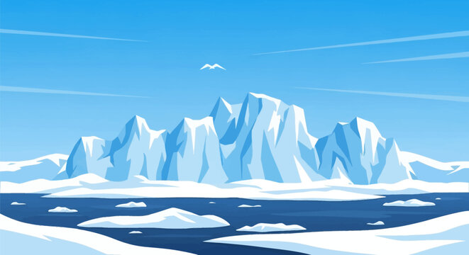 Flat vector illustration of an arctic landscape with jagged blue and white icebergs, floating ice floes in a dark ocean, a clear blue sky, and a single white bird silhouette.