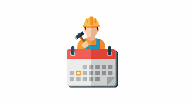 Construction worker in safety vest and helmet standing with a large calendar for monthly planning