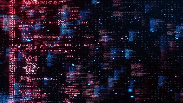 Fast moving digital data streams glitch effects abstract cyber environment code motion. High tech visual intense contrast depth. cybersecurity themes, data processing visuals, futuristic technology