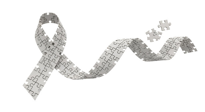 White puzzle ribbon with puzzle pieces floating against a black background for autism awareness symbol; disability and support
