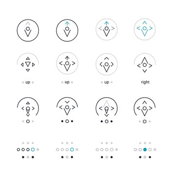 Set of directional navigation icons with arrows and dots, representing movement and guidance.