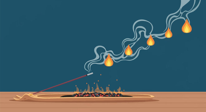 A flat vector illustration of a burning incense stick in a wooden holder with hot charcoal embers underneath, emitting a stylized grey smoke trail containing small flame icons.