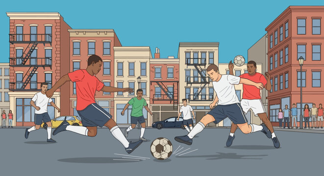 Energetic street soccer game in a vibrant urban neighborhood, showcasing diverse youth enjoying an impromptu match on a sunny day amidst classic city buildings and everyday life