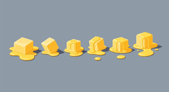 Sequence of yellow butter cubes melting on a grey background showing stages from solid block to liquid puddle in a cartoon vector illustration style for cooking or food concepts.