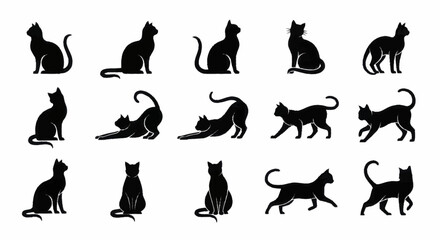 Collection of various black cat silhouettes in different poses. © Faiz