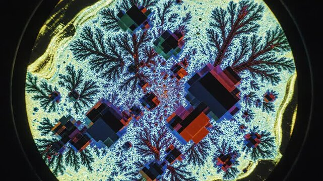 Close-up abstract microscopic view of colorful crystal formation, branching patterns, and geometric shapes in vibrant hues, suggesting science and discovery