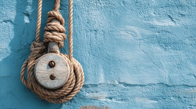 Nautical rope and wooden pulley block on blue textured wall