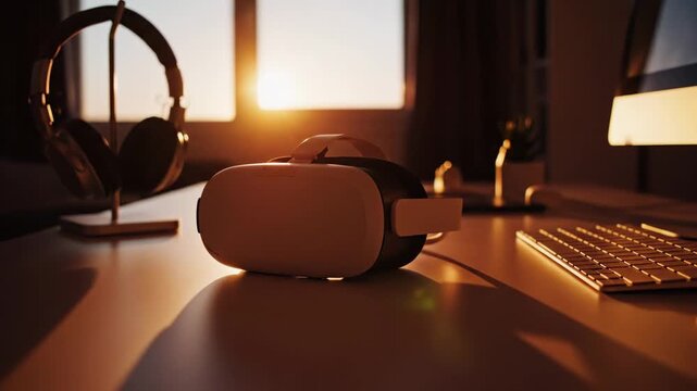 Virtual reality headset and headphones on a desk at sunset, immersive technology for entertainment and gaming