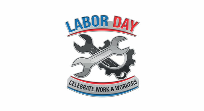 Labor Day celebration emblem with interlocking gears and clasped hands under a blue and red ribbon