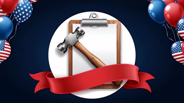 American theme celebration balloons hammer clipboard and ribbon display