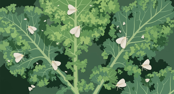 Vector illustration of curly green kale leaves infested with numerous small whiteflies or cabbage moths, showing detailed leaf veins and curly edges on a dark green background.