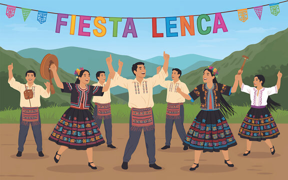 People in traditional Lenca clothing dancing outdoors with colorful bunting and a mountain background