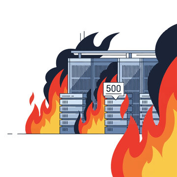 Vector illustration of a data center server room on fire with orange flames and black smoke, featuring a white notification bubble displaying a 500 internal server error code.