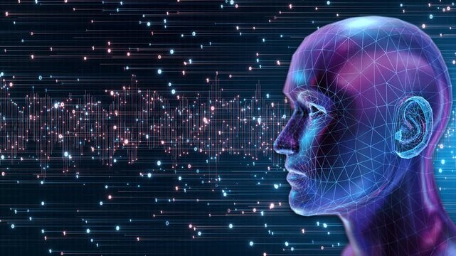 human head in profile, blue network lines glowing dots, advanced technology or artificial intelligence. matrix of binary and hexadecimal code. AI technology. science mind. Futuristic cyber innovation