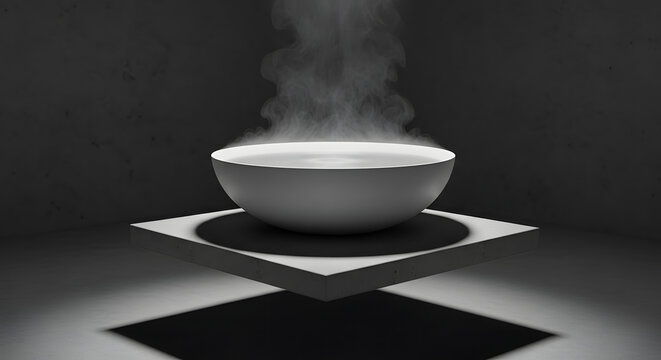 Minimalist ceramic bowl filled with steaming hot water resting upon a floating stone pedestal under dramatic studio lighting set against a dark moody gray background scene