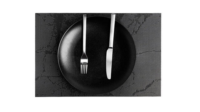 Sign language with cutlery. A plate with cutlery isolated on a white background. Plate, knife, fork on a white background.