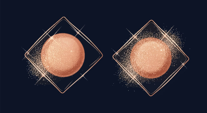 Two circular rose gold shimmering cosmetic powder balls inside rose gold wireframe diamond shapes featuring scattered glitter particles and lens flares on a dark navy background.
